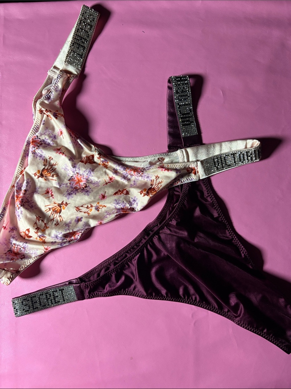 Victoria's Secret Floral Cream & Plum Satin Bikini Set with Embellished Straps